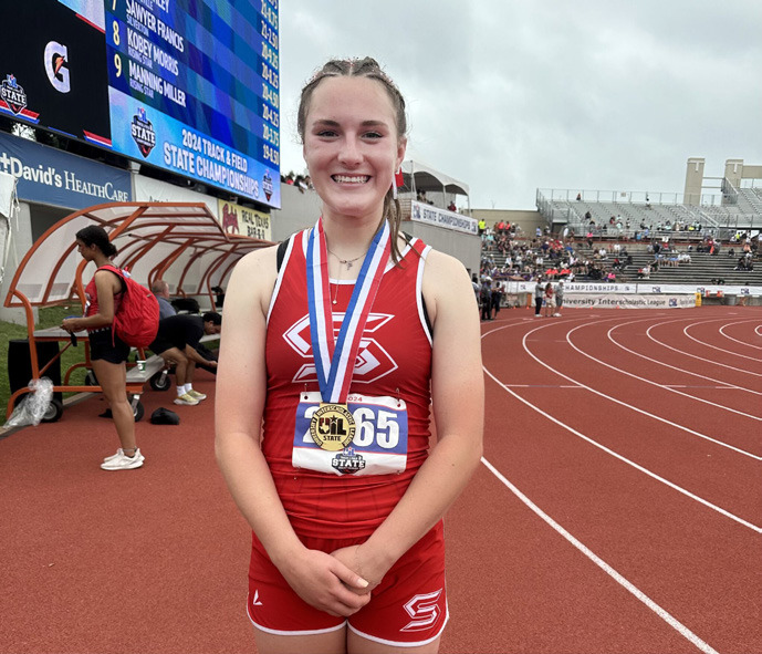 STATE CO-ATHLETE Silverton’s Brenna Francis was named the 1A Co-Athlete of the State Track Meet (with Springlake-Earth’s Taytum Goodman). She was the State champion in long jump, State champion in triple jump and State Runner-up (2nd place) in 100 meter hurdles. | MACKIE LAND / PRESS PASS SPORTS PHOTO