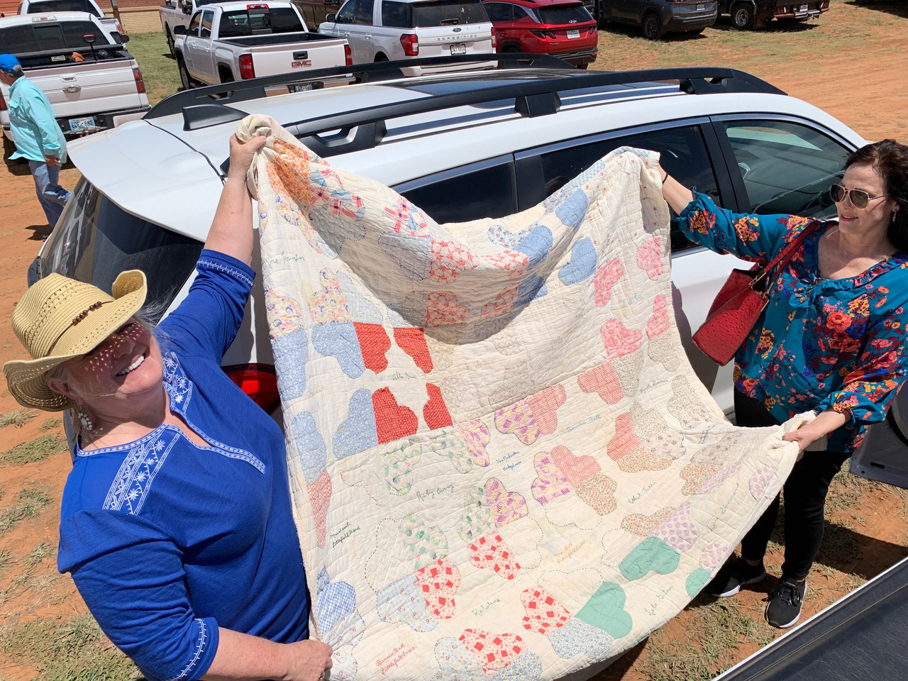 PIECING TOGETHER A MYSTERY Hanaba Welch, left, and Sandy Fuston put their heads together at church in Turkey the Sunday after Bob Wills Day, happy to think they would likely find a good place for a historic friendship quilt with Turkey connections. | PHOTO (SELFIE) BY HANABA MUNN WELCH