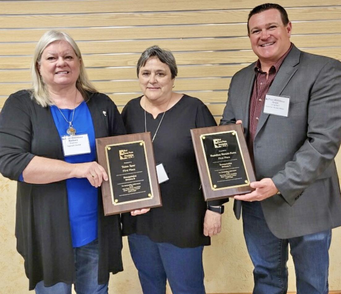 WEST TEXAS PRESS ASSOCIATION 2021 Sweepstakes winners are (from left) Barbara Brannon, editor, and Kay Ellington, publisher, The Texas Spur, and Grant Lengefeld, publisher, Hamilton Herald-News. Not pictured is Division B winner Levelland-Hockley County News Press. | HAMILTON HERALD-NEWS
