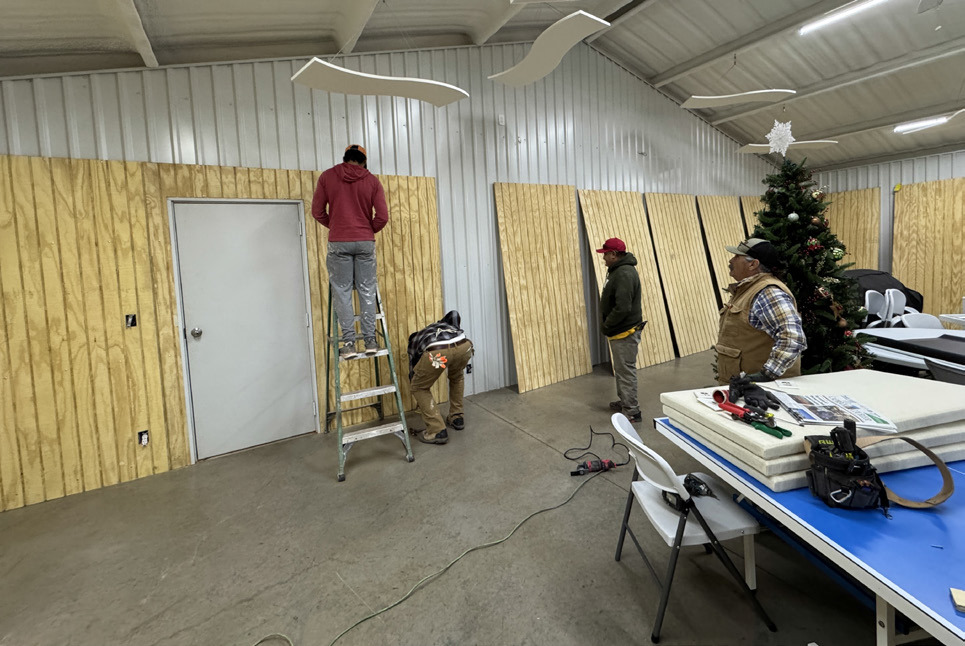 At the First Baptist Church of Guthrie this week, upgrades to interior siding of the fellowship hall were being made by a construction crew headed up by David Garcia of Paducah. Garcia said that finishing out the new wooden paneling all the way around the hall’s perimeter would provide a warmer look and better sound control. | CAPROCK COURIER