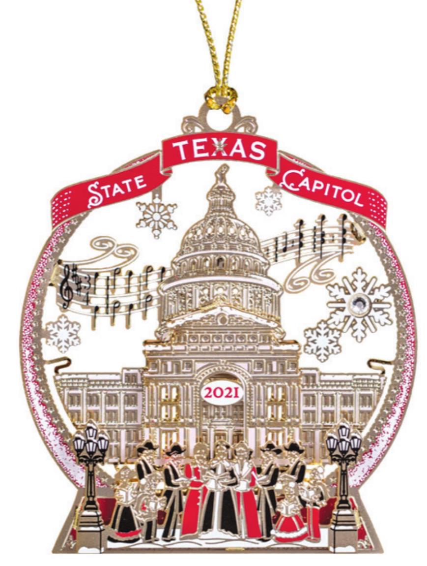 AT THE MOTLEY COUNTY LIBRARY The 2021 Texas Capitol Ornament, “Music of the Capitol,” honors over 100 years of musical performances at the Capitol. In the whimsical design, a group of carolers sing together on the South steps, encircled inside a fanciful snow globe, with music notes from the “Texas State Capitol Grand Waltz” floating behind the Capitol dome. The ornament will be one of the many gift ideas on sale at the library’s annual holiday event Dec. 2. | COURTESY PHOTO