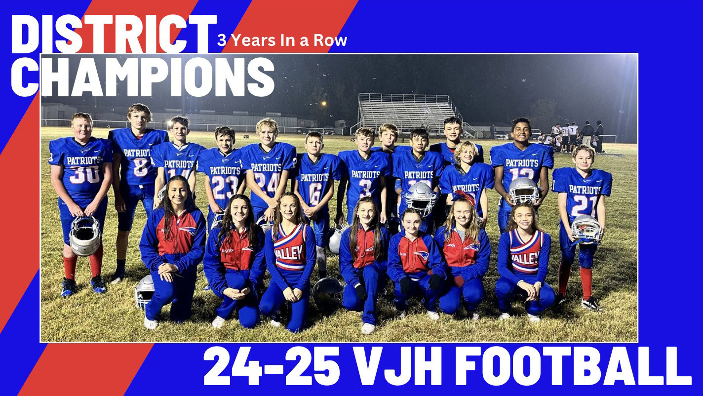 3-TIME DISTRICT CHAMPS TheValleyJunior High Patriots sealed a District championship for the third year in a row on a soaking wet, rainy Patriot field Thursday night, winning 31-6 against the Petersburg Buffaloes. | KODIE FAIRCHILD
