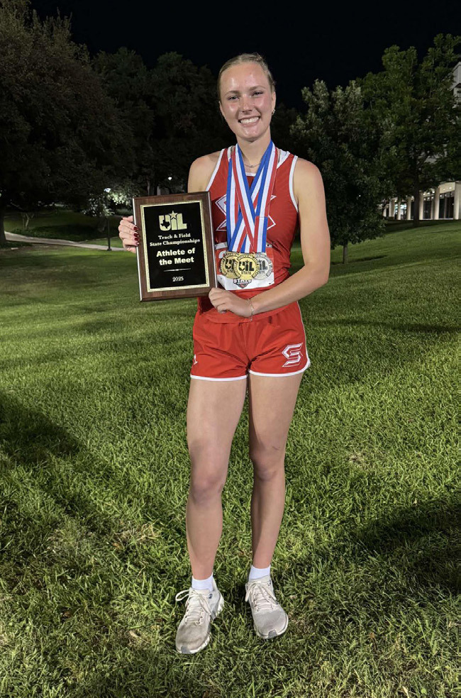 ATHLETE OF THE MEET Silverton’s Maddie Francis, a senior, was selected as the 1A Athlete of the Meet at the Texas UIL State Track Meet in Austin this past Saturday. She won the gold medal in high jump, after getting selected as the event’s wild card competitor; she also won the top award, the gold medal in 100 meter hurdles; and took the 2nd place silver medal in 300 meter hurdles. | COURTESY PHOTO