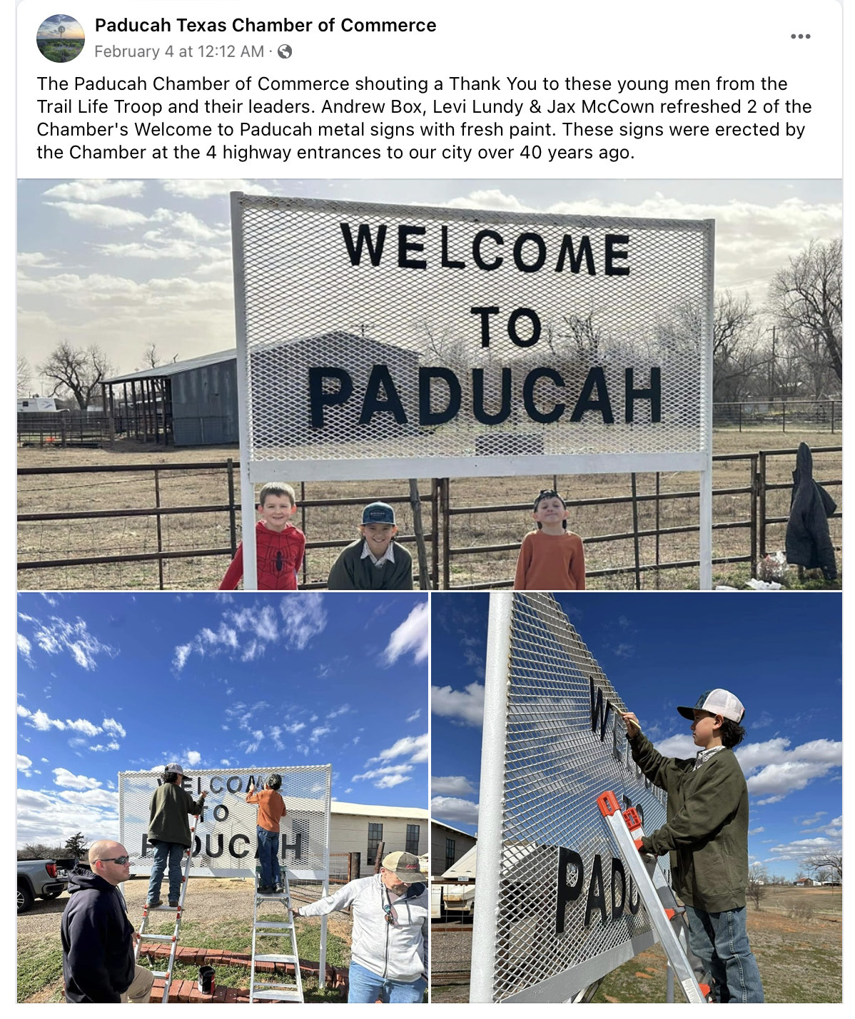 SIGN US UP! The Paducah Chamber of Commerce posted thanks on their Facebook page to the Trail Life Troop and their leaders for repainting the city’s Welcome to Paducah signs, which were first mounted at the highway entrances to the town more than four decades ago. | PADUCAH TEXAS CHAMBER OF COMMERCE