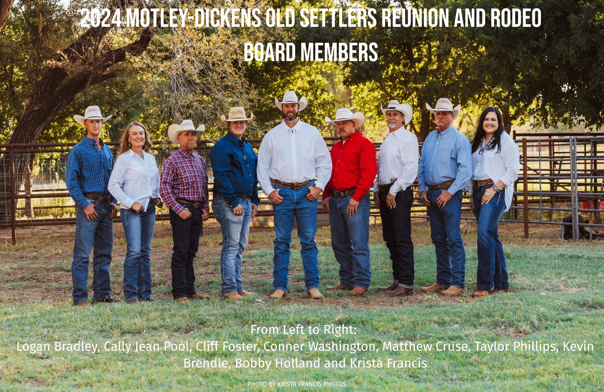 RODEO BOARD for the upcoming 101st Motley-Dickens Old Settlers Rodeo and Reunion are, from left, Logan Bradley, Cally Jean Pool, Cliff Foster, Conner Washinton, Matthew Cruse, Taylor Phillips, Kevin Brendle, Bobby Holland, Krista Francis. | KRISTA FRANCIS PHOTOS