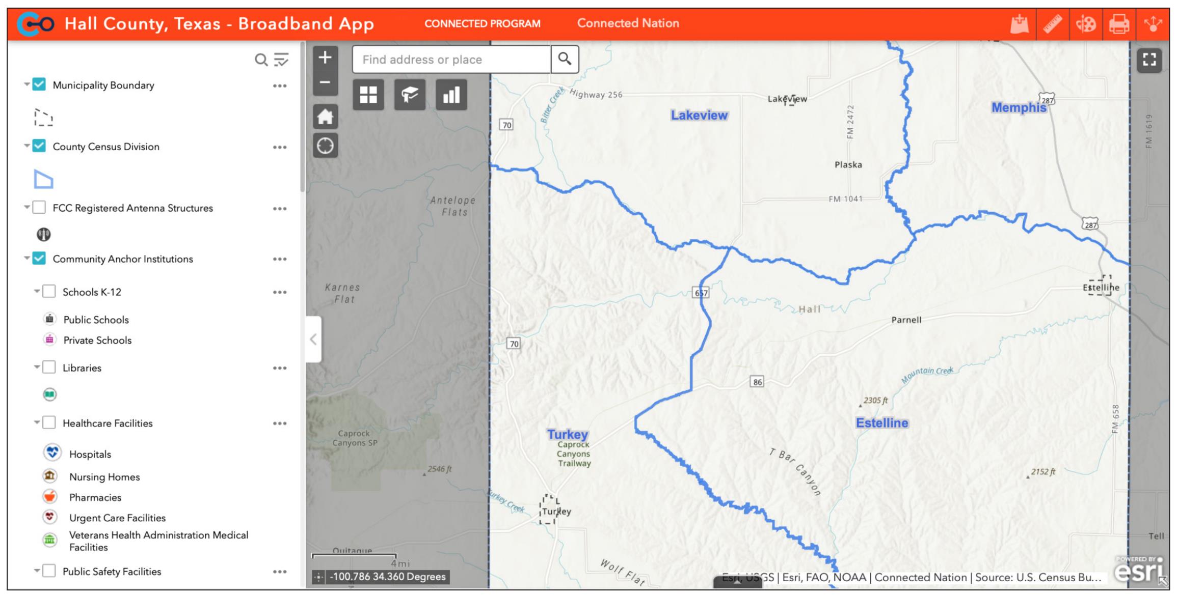 BROADBAND MAP A searchable map with data aggregated by Connection Nation Texas is available at https://connectednation.org/hall-countytexas/#infrastructure. | CONNECTION NATION TEXAS