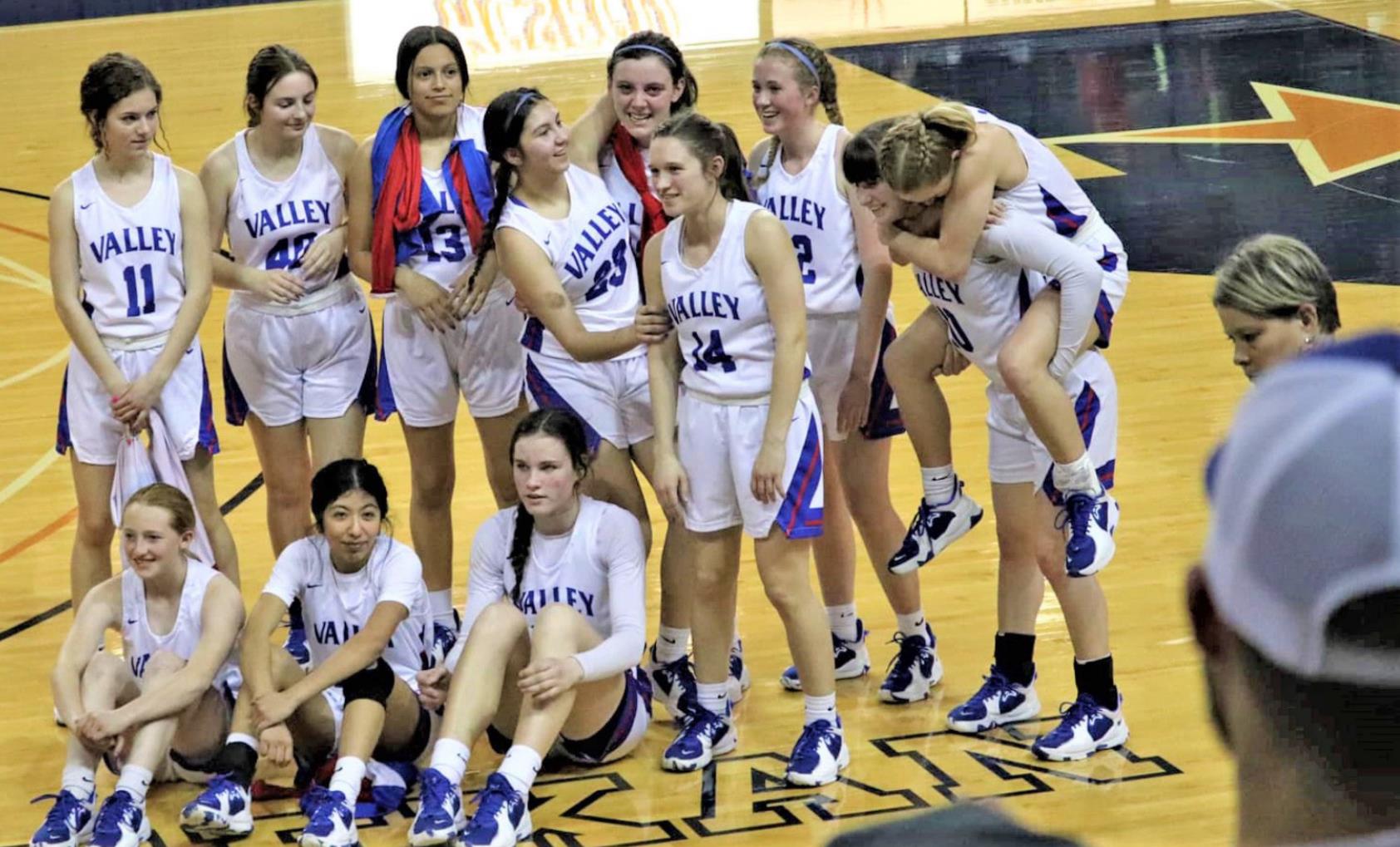 CELEBRATING REGIONAL FINALS WIN The Valley Lady Patriots celebrated their win over the Borden County Lady Coyotes in the regional finals in the Texan Dome at South Plains College in Levelland. They were stopped one game from the State Championship Finals in the Alamodome next week by #1 in the state Sands on Saturday afternoon. | COURTESY PHOTO