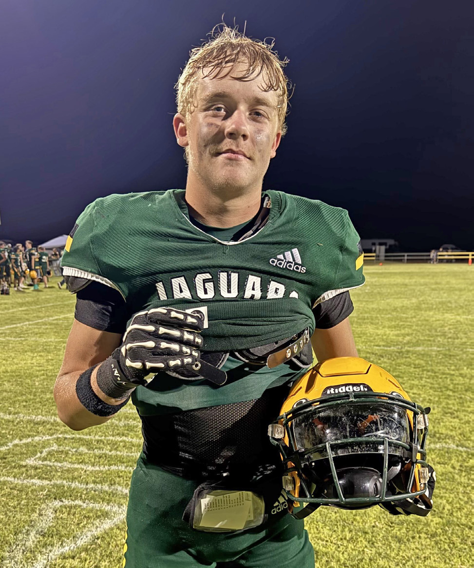 Senior Kaleb Green earned the Texas 1A Fan Helmet Sticker following the Guthrie Jaguars’ 45-0 win over Woodson Sept. 11, bringing their season record to 2-1. | TEXAS 1A FAN PHOTOS