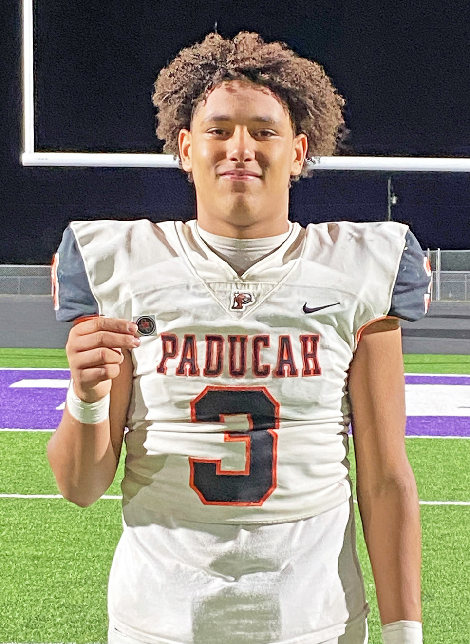 PLAYOFF STANDOUT Texas 1A Fan Helmet Sticker winner for the Bi-District roundThursday game was freshman Darren Mackey of Paducah. | TEXAS 1A FAN PHOTO