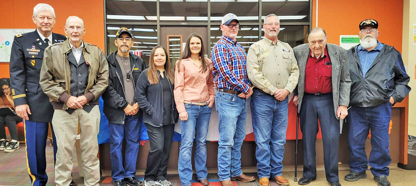 PADUCAH VETERANS The Paducah community thanked local veterans of the U.S. United States Armed Forces. From left are the veterans who were in attendance at theVeterans Day service hosted at Paducah ISD Friday: Ernest Isbell, Dennis Cross, Juan Hinojosa, Sally Frawner, Clarisa Owens, Eric Mathis, Gordon Melton, L.R. Haisten, and Rodger Brannen. Not pictured was Donald Watson. | COURTESY PHOTO
