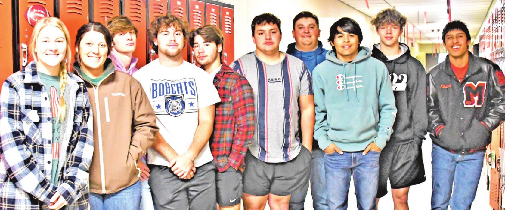 MOTLEY SENIORS GOING TO COLLEGE Twelve of the Motley County High School senior class have received acceptance notifications from the colleges of their choice. From left: Ashton Quilimaco, Trace Osborn, Andrew Stafford, Hadleigh Halsell, Jace Martin, Kason Degan, Wyatt Perryman, Nikolaus Delacruz, Tyne Marshall, Braxton Salazar, Demitric Sims, and Jacob Richards. Not pictured Damien Perez. | COURTNEY MENDOLA