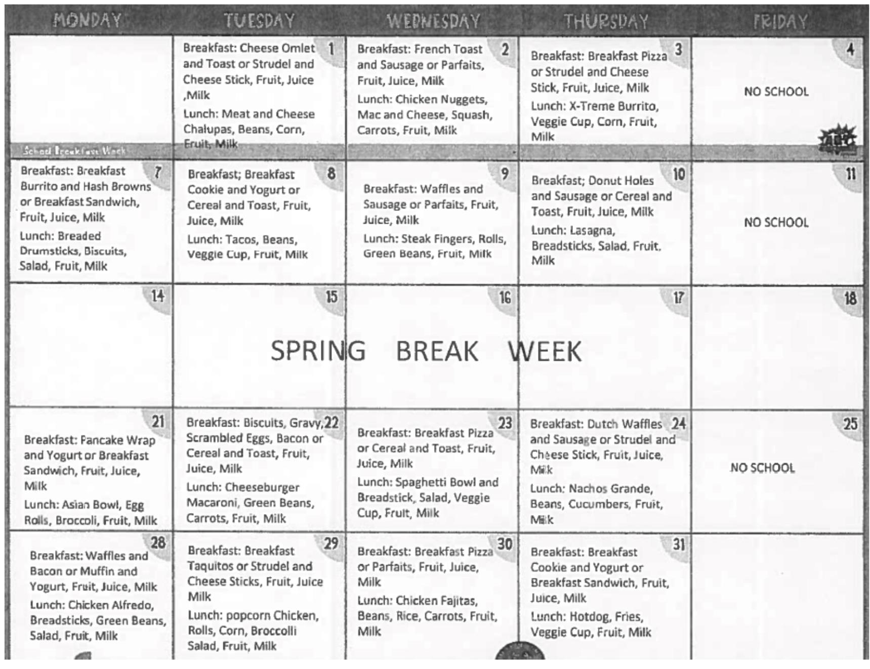 Motley County ISD breakfast/lunch menu