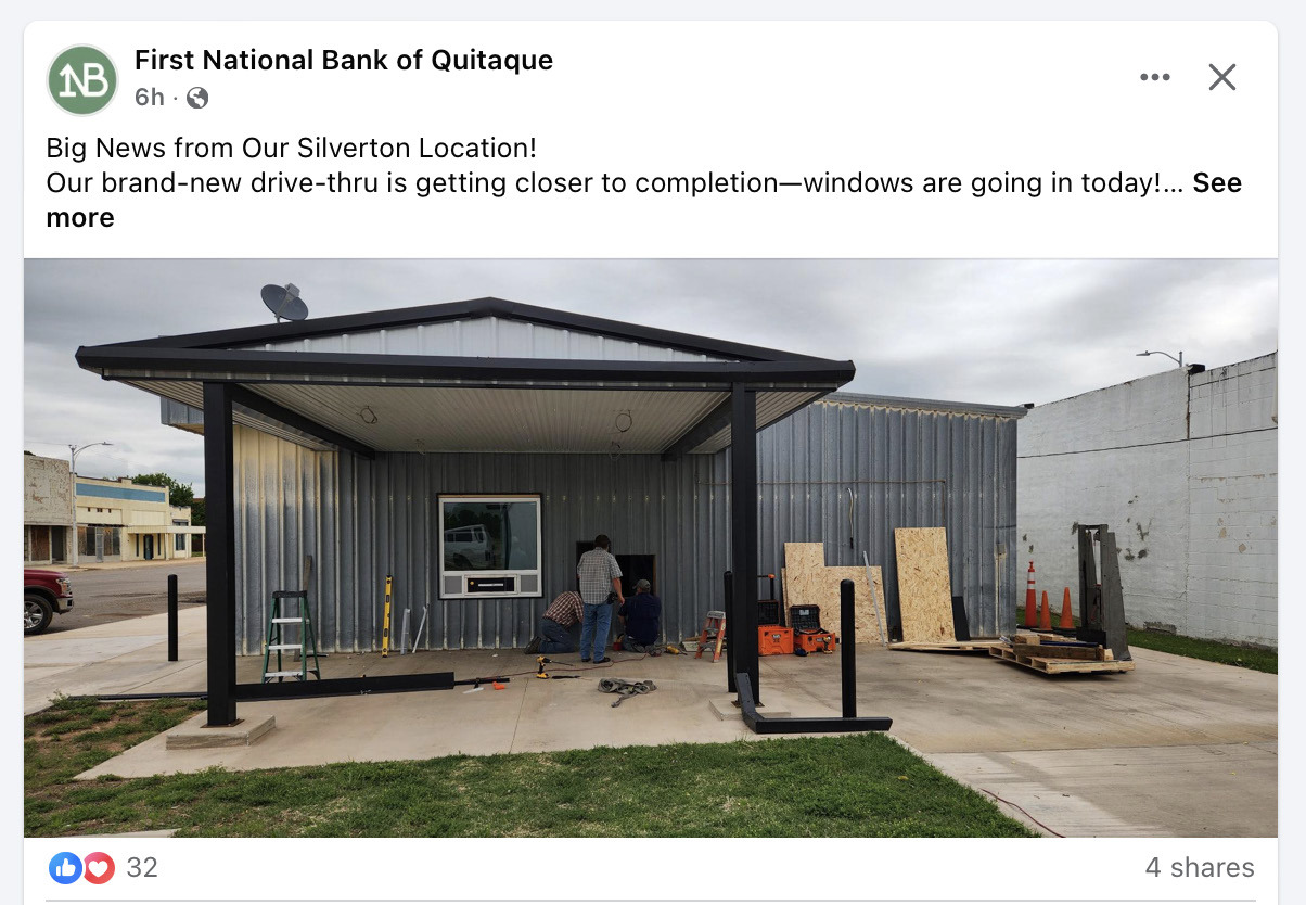 is now operational in the new drive-thru at the First National Bank of Quitaque, Silverton location. Please note that the night depository and full drive-thru services are still under construction, and the bank will provide updates as soon as they become available.