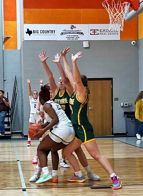 Guthrie defenders Sierra Jones and Lou Bonaventure set up a wall against Harrold during the Rotan Tournament. | CAPROCK COURIER