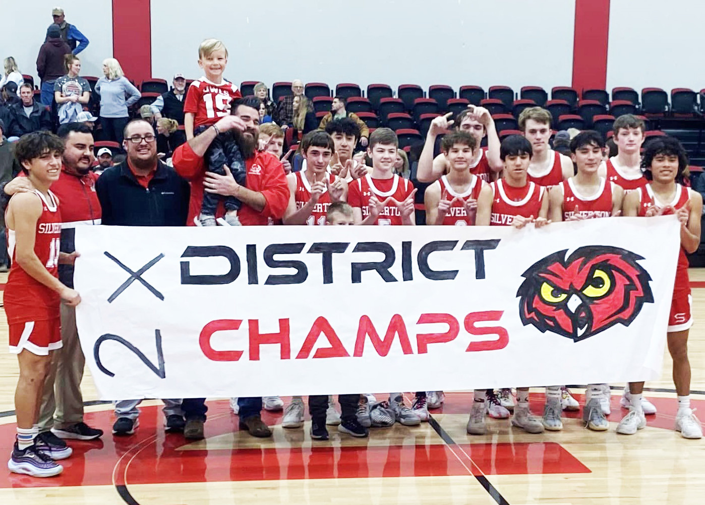 BACK-TO-BACK CHAMPS The Silverton Owls varsity boys basketball team have claimed back-to-back District 2-1A championships. They finished district play last week at Groom, defeating the Tigers 41-24, to win sole possession of the district title. Their final district record was 9-1 and their only loss came to Valley. At press time, the opponent/location of their bi-district playoff game was not known. | COURTESY PHOTO