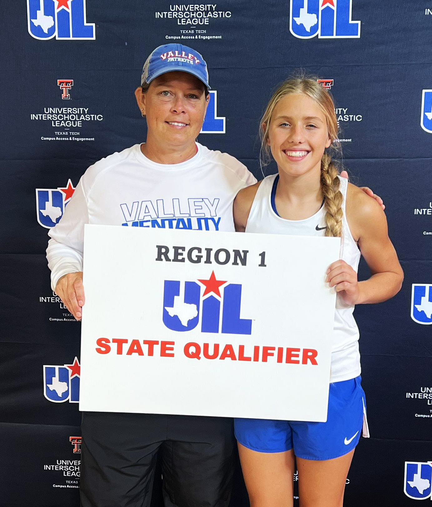 Valley’s Hartley Battey, shown with Coach Amy Bowles (left), placed in the top 10 with a time of 13:26.2 at the Regional cross country meet last week in Lubbock, qualifying her for State competition. | COURTESY PHOTO