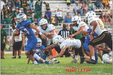 VALLEY FALLS Senior Brayson Cruse #14 breaks through the line in the Valley football game Friday night. The Patriots lost to Springlake-Earth 46-21. | TEXAS 1A FAN