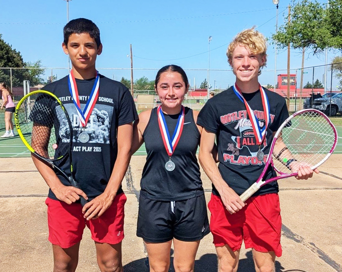 REGIONAL BOUND Motley County won both sets of playback matches in District tennis last week. Aaron Cates, Liz Morales and Karmelo Guzman are all headed to Regionals. | COURTESY PHOTOS