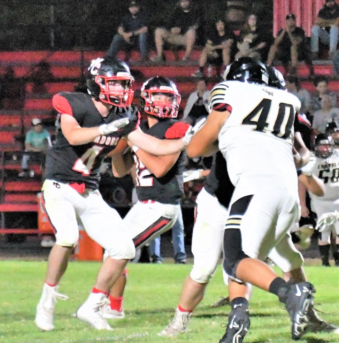 BLOCKING BACK In Friday night’s Motley County victory over Crowell, running back Jake Richards rushed for 160 yards and 3 touchdowns, as well as leading defensively with four tackles and four assists. Shown here is Richards blocking the Crowell defensive rush and protecting the quarterback. | COURTNEY MENDOLA PHOTO