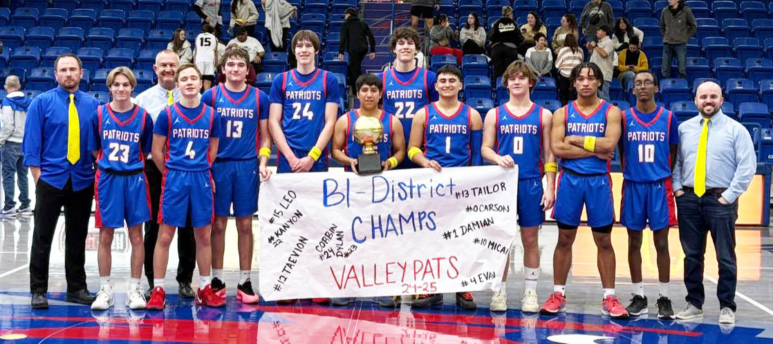 PATRIOTS SECURE BI-DISTRICT TITLE in Monday night’s 64-39 shut-out of the O’Donnell Eagles at Lubbock Christian University. | COURTESY PHOTO
