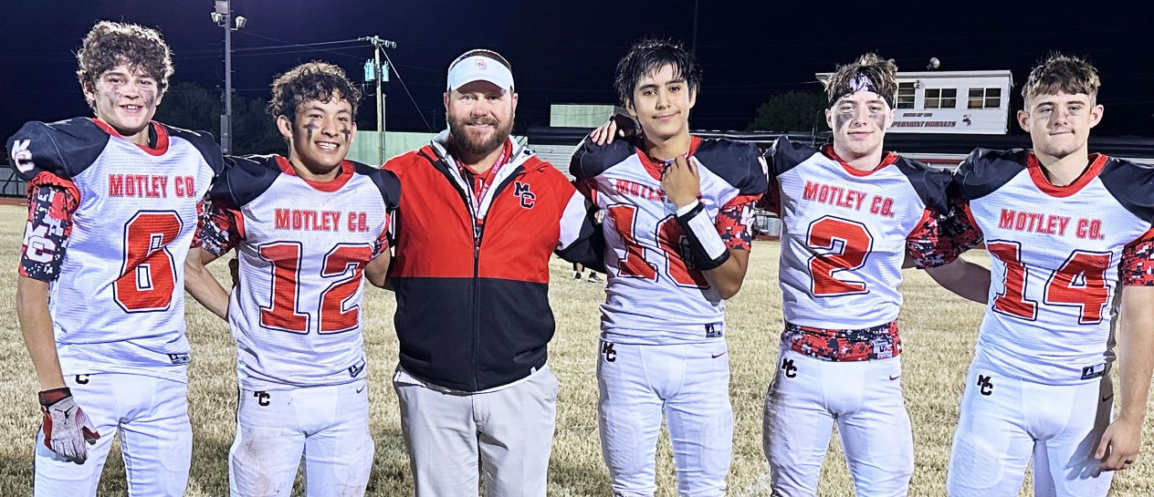MOTLEY SENIORS Senior players have anchored this year’s playoff-bound Motley County Matadors. Shown with head coach Mike Bigham are #6 Ayden Roys, #12 Kadyn Roys, #10 Bubba Quilimaco, #2 AidanTaylor and #14 Kody Cates.The Matadors face the Benjamin Mustangs in the playoffs Friday night in Matador. | COURTESY PHOTO