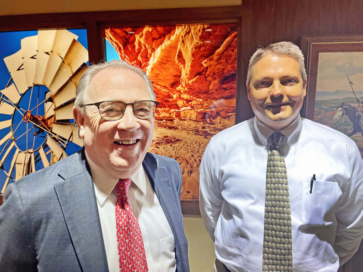 TEAMING UP First National Bank of Quitaque president GuyYoung (left) welcomed banker Kyle Fuston to the FNB team at a recent meeting of the board of directors. Fuston has been working out of the Quitaque location in preparation for opening a branch in Silverton. | CAPROCK COURIER