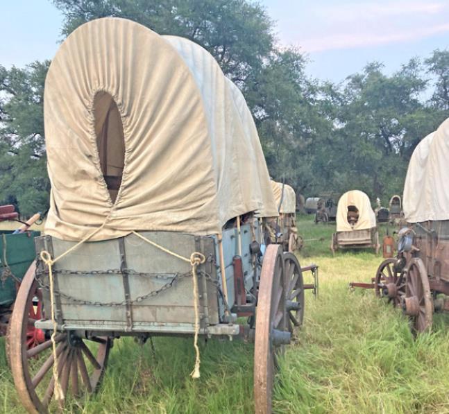 “Y: 1883” TEXAS FILMING Wagons circle at the Diamond-S Ranch near Weatherford, where filming of “Y:1883,” the “Yellowstone,” prequel is taking place. Texas cities that film industry press have named as filming locations include Fort Worth, Granbury, Weatherford and Guthrie. Social media has noted filming from all locations except Guthrie so far this year. | COURTESY PHOTO