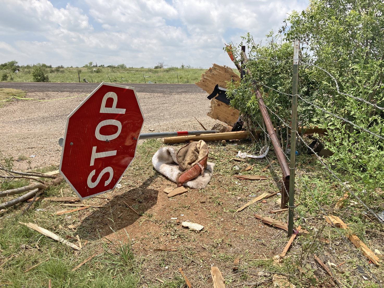 Wednesday evening’s tornado left a trail of mangled traffic signs and debris across Highway 70 just south of Matador.