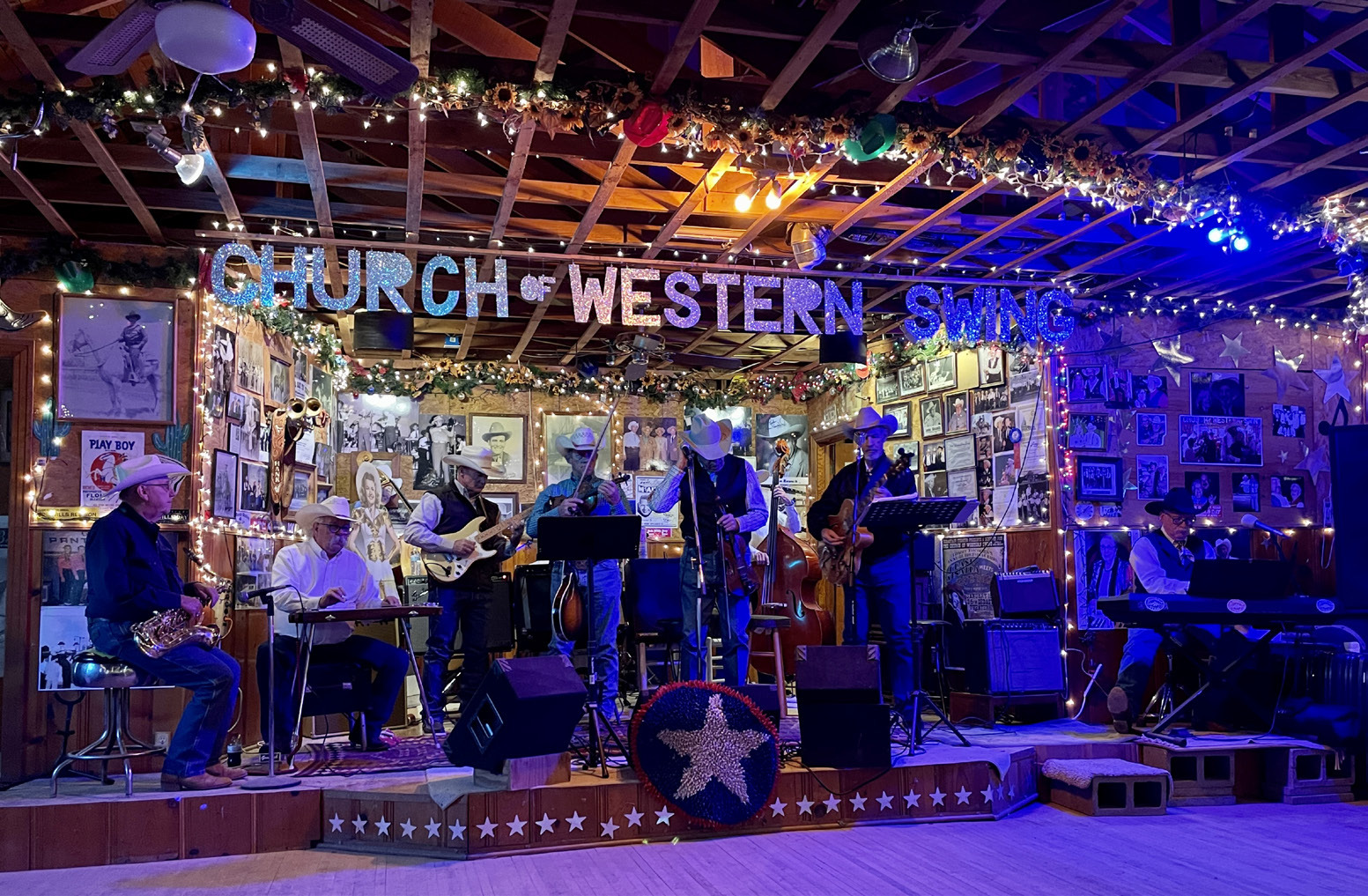 WESTERN SWING MUSIC can be found in all corners of Turkey, Texas, during the week of Bob Wills Day each year—from informal gatherings at“the Slab”and camper jams, to the Hotel Turkey and the Church of Western Swing (above), as well as at the official venue at the Bob Wills Center. | CAPROCK COURIER