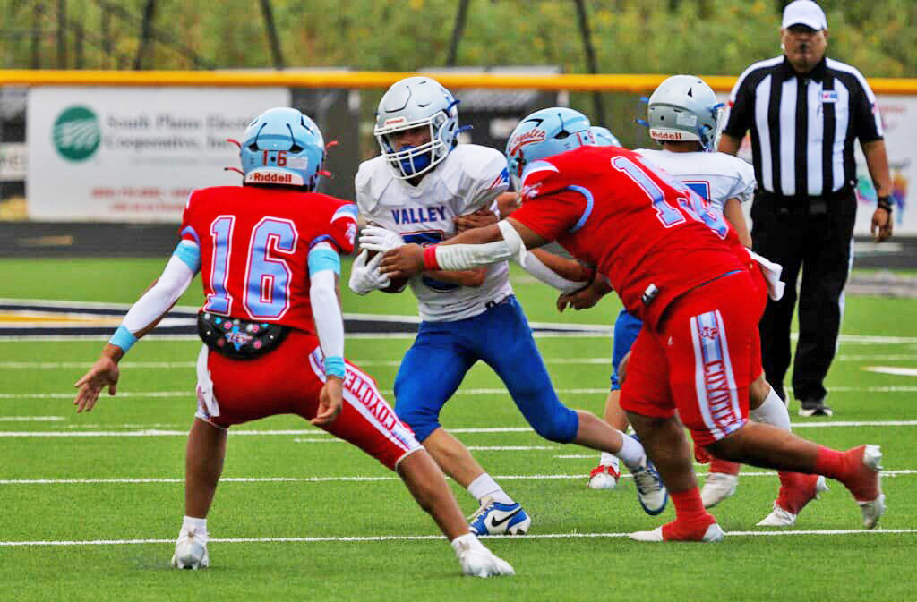 VALLEY LOSS TheValley Patriots fell to the #5-in-the-state Borden County Coyotes Friday night 56-8 in the Jayton Gridiron Classic. | COURTESY PHOTO