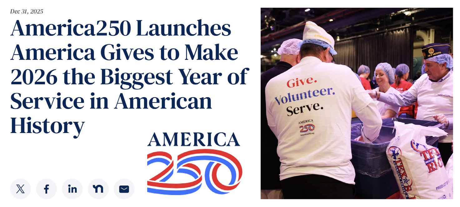 STARTING JAN. 1, AMERICA GIVES challenges businesses, nonprofits, schools, youth groups, faithbased networks, and organizations of all kinds to commit to increasing their volunteer efforts and measurable impact starting today.