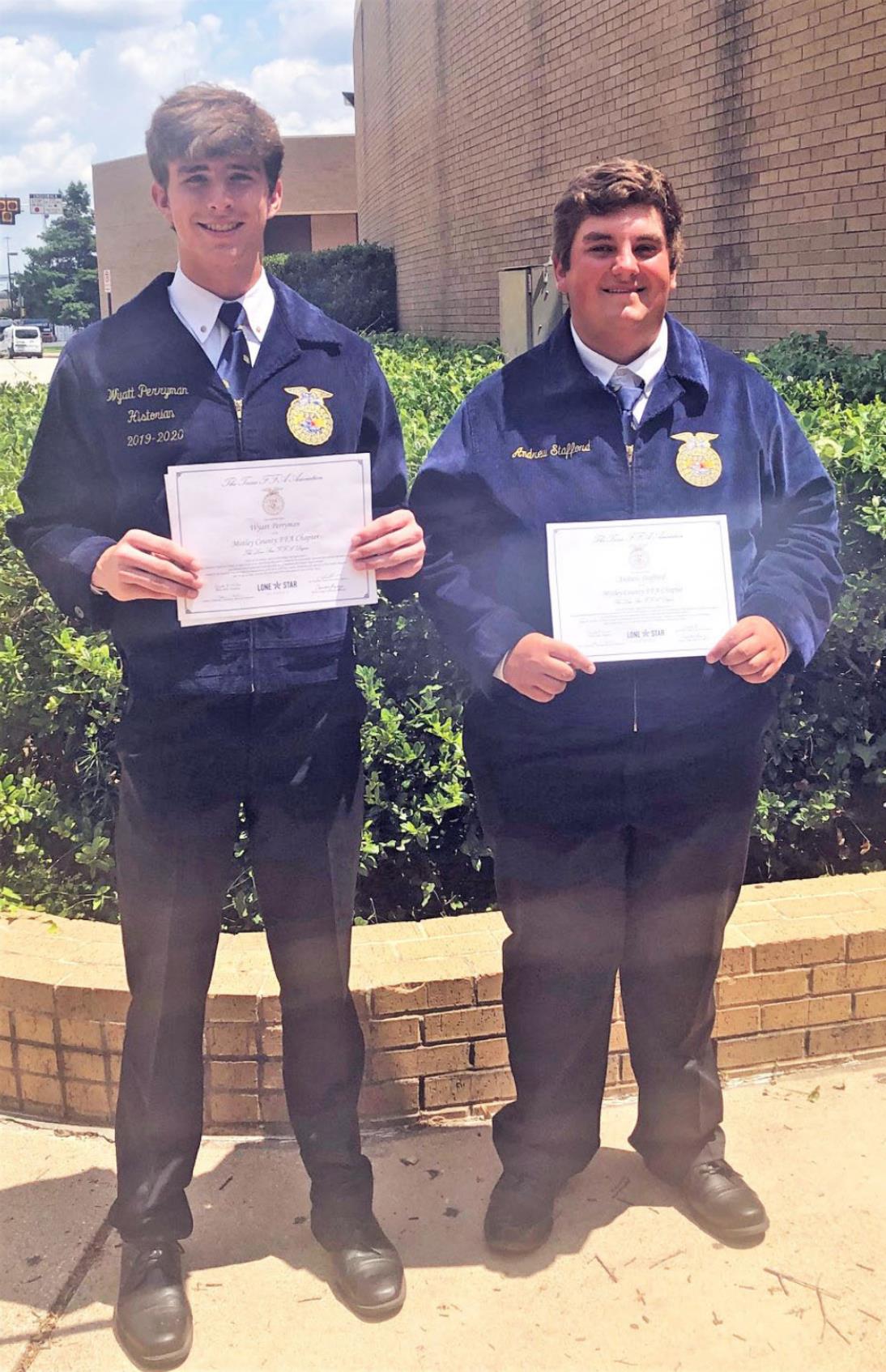 MOTLEY FFA HONORED Wyatt Perryman and Andrew Stafford of Motley County ISD were awarded the Lone Star FFA Degree at the state convention in Fort Worth. Motley County FFA Advisor Jim Cooper, who has taught FFA for 38 years—35 of them at Motley County—was the Honorary Lone Star FFA Degree. | COURTESY PHOTOS
