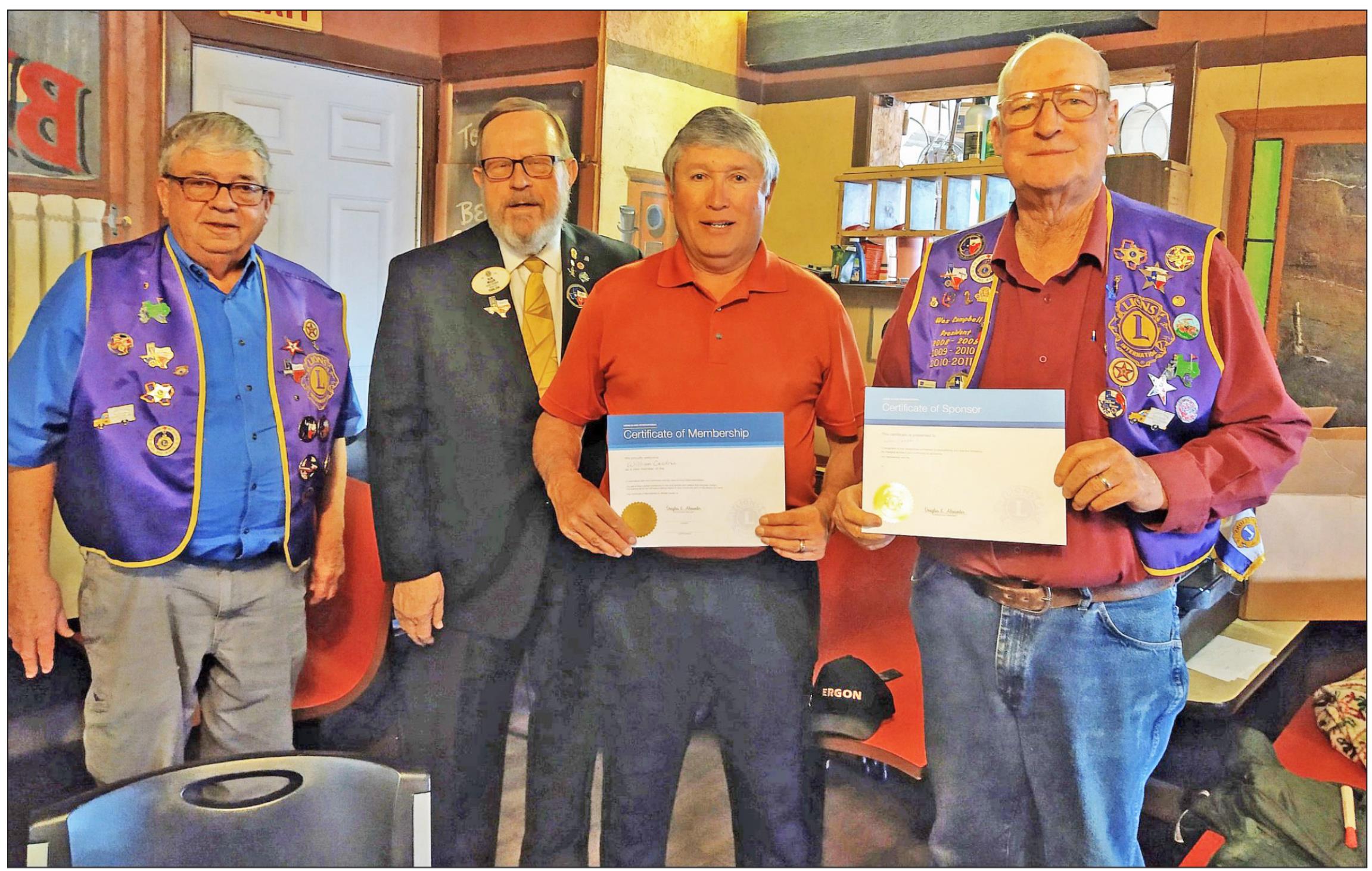 IN LIKE A LION The Roaring Springs Lions Club welcomed Dr. Ron Miller, Lions district governor from Plainview, last week for a special program about Lions Clubs’ outreach. Shown are Alvin Alexander, Dr. Ron Miller, new member William Cochran, and Wes Campbell. | COURTESY PHOTO