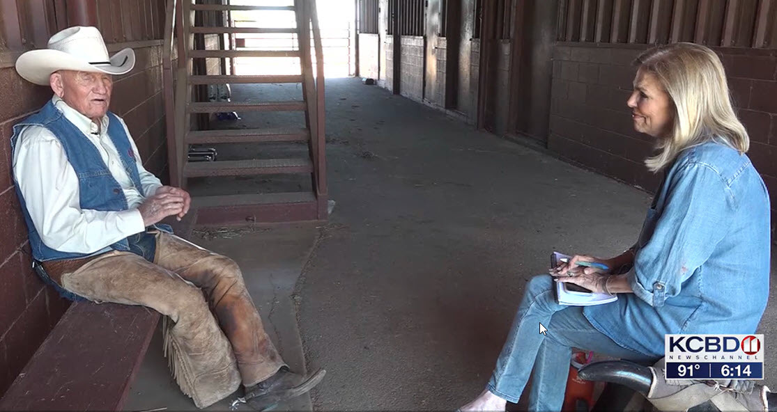KCBD AT GUTHRIE Lubbock Channel 11 news anchor Karin McCay interviews storied cowboy Boots O’Neal at the 6666 Ranch last week when KCBD brought their Community Coverage tour to Guthrie last week. | KCBD IMAGE