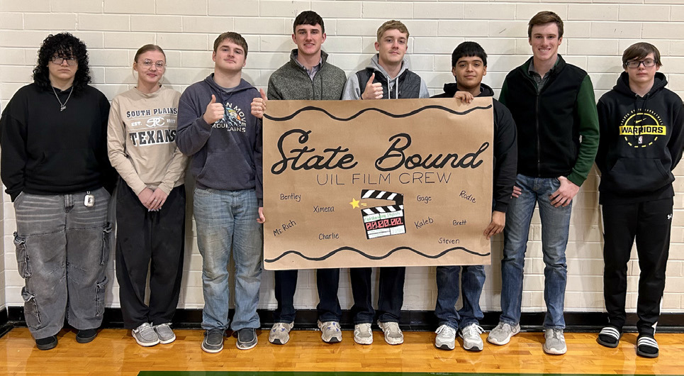 STATE HONORS Guthrie is the only 1A school in the state to advance to the State UIL Film competition in Austin. From left, team members are Ximena Ruvalcaba, Bentley Marburger, Gage Worthington, Rodie Sanders, Kaleb Green, Steven Uribe, Charlie Loob and Brett Hardin. | COURTESY PHOTO