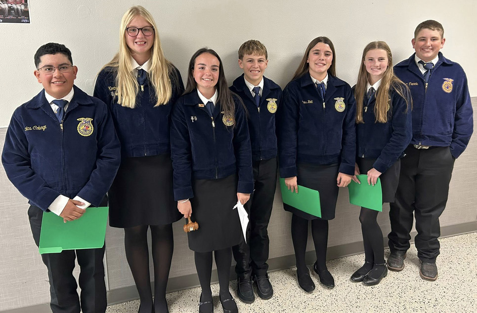 CHAPTER CONDUCTING The Silverton FFA Chapter Conducting team consisting of (from left) Julian Colunga, Addison Rhoderick, Kelby Harrison, Dillon Martin, Bella Holt, Laney Francis, Eli Francis and Jake Mullin (not pictured) has been placing well in preparation for the district contest, taking 5th at the Lubbock Cooper Invitational and 4th at theTahoka Invitational. | COURTESY PHOTO