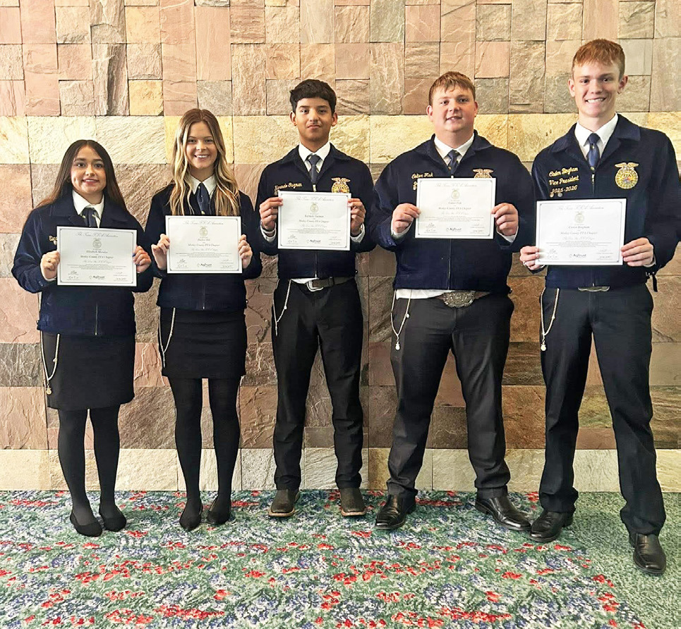 LONESTARDEGREESFROMMOTLEYCOUNTY Elizabeth Morales, Harlee Hill, Karmelo Guzman, Colter Fisk and Caden Bigham received their Lone Star Degrees while attending the 97th Annual State FFA Convention in Fort Worth last week. The Texas FFA Lone Star Degree is the highest degree achievable at the state level within the Texas FFA Association. | COURTESY PHOTO
