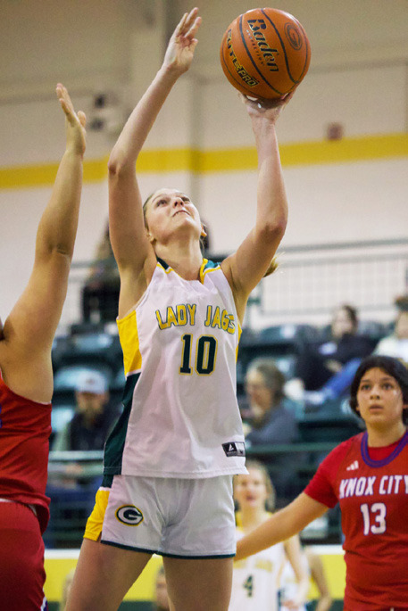 MADI ADAMS UP STRONG against the Knox City Lady Grehounds during the Roddy Shipman Classic basketball tournament in Guthrie last weekend. | SHERI BATY