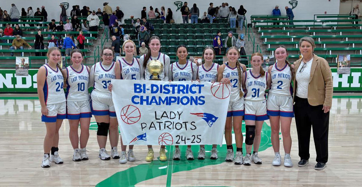 2125 IN 2025—SO FAR Following the Valley Lady Patriots’ bi-district basketball clincher Monday night, Feb. 10, top scorer Trinity Schlueter, #20, was feted for achieving a 2,125-point mark. The Lady Pats are expected to make it a few more rounds — with Schlueter likely adding to that total under Coach Amy Bowles (far right) and her talented teammates. | CERVANTES PHOTOGRAPHY