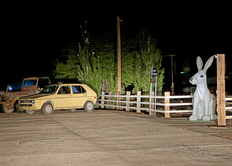 RABBITS OF DIFFERENT SORTS have multiplied at the Jackrabbit Route 66 gift shop in Sot. Joseph, Arizona. A scary-looking giant rabbit—saddled up for photo ops—was replaced some years ago with a happier one, and was joined by a VW Rabbit on the site.