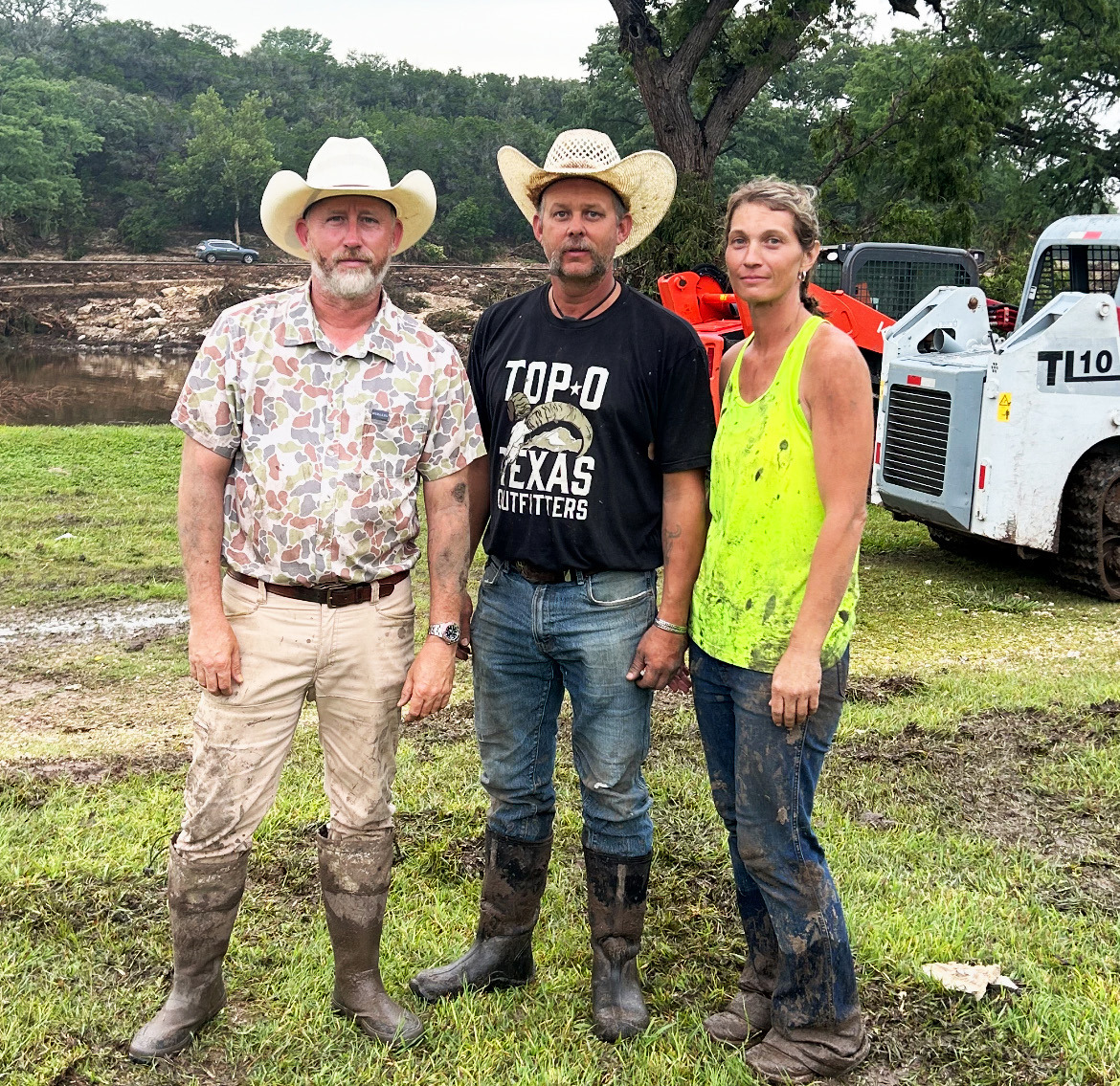 Jeremy Adkins, who manages the Antina Barrel Creek Ranch in Briscoe County, accompanied by ranch staffers Heath Carlisle and Shealee Carlisle, traveled to Camp Mystic in Kerrville to lend help within hours of July 4’s fatal flooding. | COURTESY PHOTO