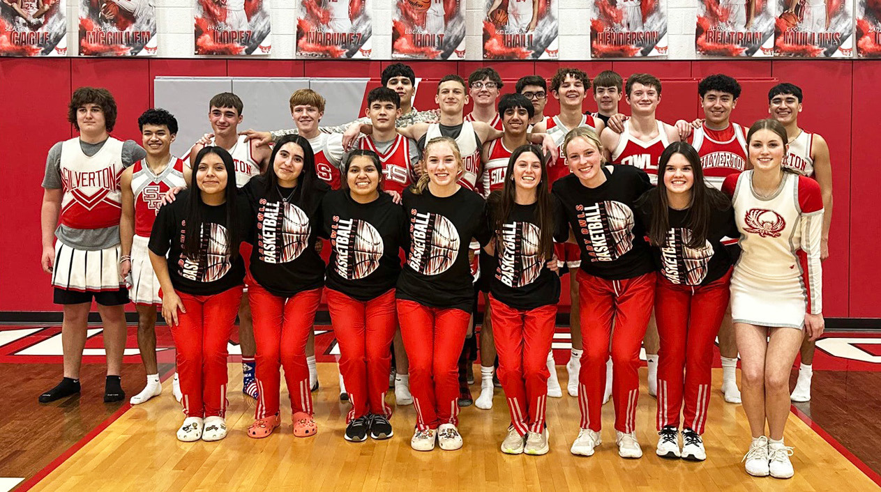 PLAYOFF SENDOFF Members of the Silverton boys basketball team joined in a cheer skit to wish the Silverton Lady Owls good luck in their playoff game Monday night. | COURTESY PHOTO