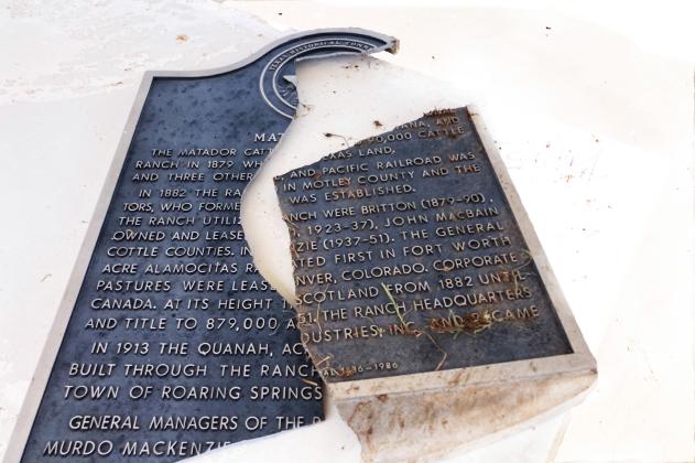 HISTORICAL MARKER for the Matador Ranch had stood at the roadside park along Texas Highway 70 just south of town since 1986, the year of the Texas Sesquicentennial. it was destroyed during an EF3 tornado that hit the evening of Wednesday, June 21 and lay in pieces on its marble base the following morning. | LIZ ADAMS PHOTO