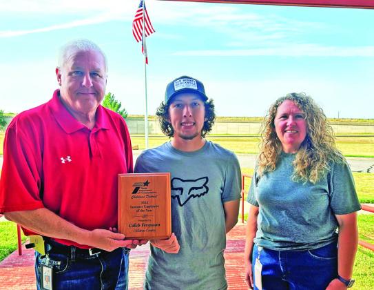 INTERN OF THE YEAR Caleb Ferguson (center) of Paducah was honored with a presentation by TxDOT Childress District staffers Darwin Lankford (left) and Shari Thomason (right). | COURTESY PHOTO