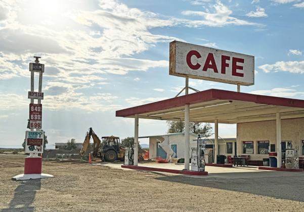 ROY CROWL built a complex of tourist services along Route 66 in Amboy in the 1940s, but in 1972 the coming of I-40 a few miles to the north left his enterprises cut off. Today, gas (which must be pumped by an attendant during open hours) is going for $6.49 a gallon.