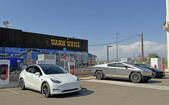 IN NEEDLES, CALIFORNIA the local convenience store harks back to a much earlier mode of travel— while empowering newer ones. All along the Route, but especially in California, we spotted plenty of Tesla electric Cybertrucks.