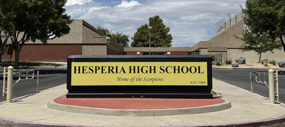 HOME OF THE SCORPIONS, reads the sign at the Hesperia (California) High School. We don't want to tangle with their mascot!