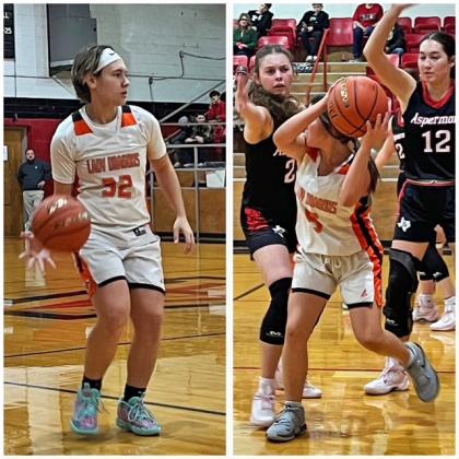 LADY DRAGONS Paducah’s Talon Blount (left) and Leticia Mejia (right) sprang into action against Aspermont in last week’s hoops matchup. | CAPROCK COURIER