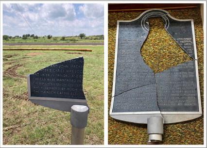 PICKING UP THE PIECES The Matador Ranch historical marker, which stood in the roadside park south of down before the storm, was broken — and the pieces almost discarded. Today the shards lie on the carpet in a room of the Motley County Historical Museum. The county hopes to install a new one—with updated information. | CAPROCK COURIER