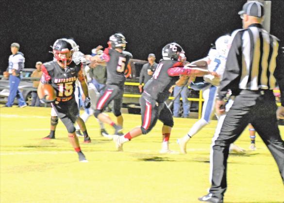 END ZONE BOUND Kason Degan of the Motley County Matadors rushes toward a touchdown in the Motley County– Rule bi-district playoff game in Guthrie Friday. The Matadors won 52–6, qualifying for their 12th regional quarterfinals playoff. They face Balmorhea Thursday, Nov. 18 at 6:30 p.m. in Grady, Texas. | COURTNEY MENDOLA PHOTO